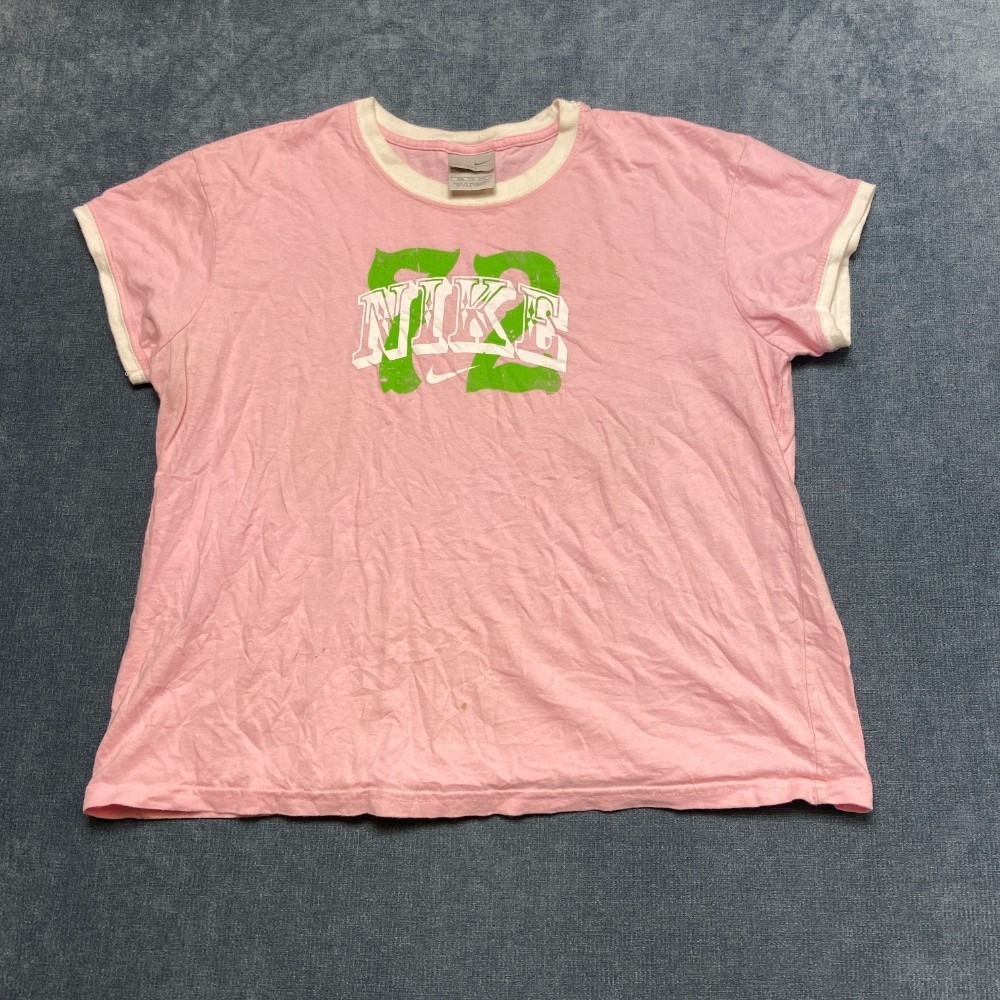 Nike #72 T Shirt Womens 2XL Pink Spellout Swoosh Logo Crew Neck Short Sleeve Tee